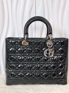 Dior Large Lady Dior Black Patent Quilted Satchel with Silver-Tone Charms